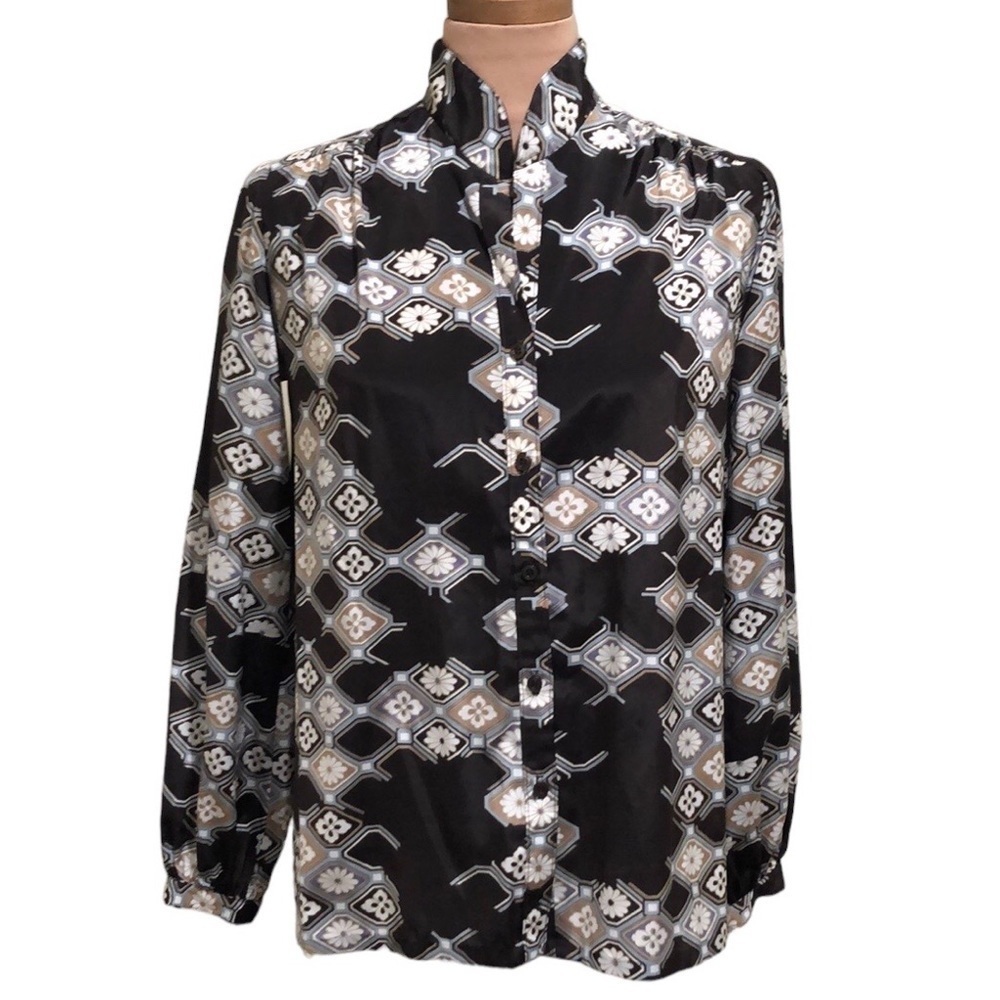 Vintage Button Up Blouse Size Large Dark Gray Floral Art Deco